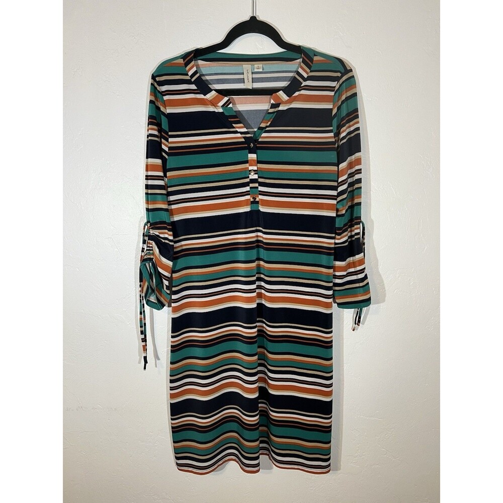 Tacera Women’s Striped Dress Size Large Teal Orange Navy 3/4 Sleeve
